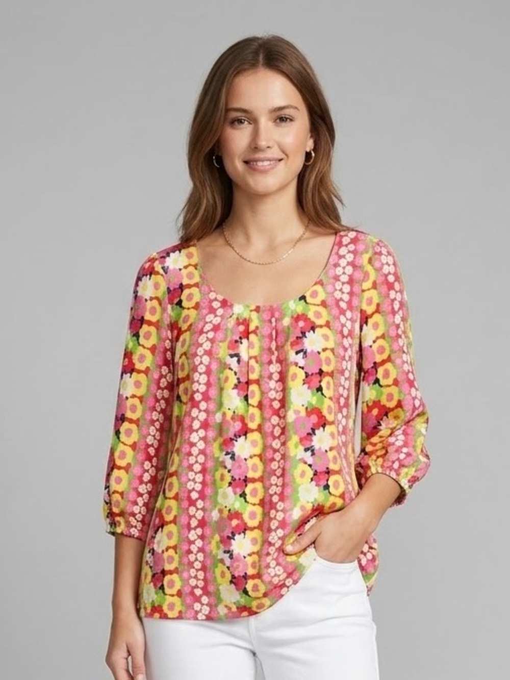 Lilly Pulitzer 100% Silk Bright Floral 3/4 Sleeve Blouse Top XS